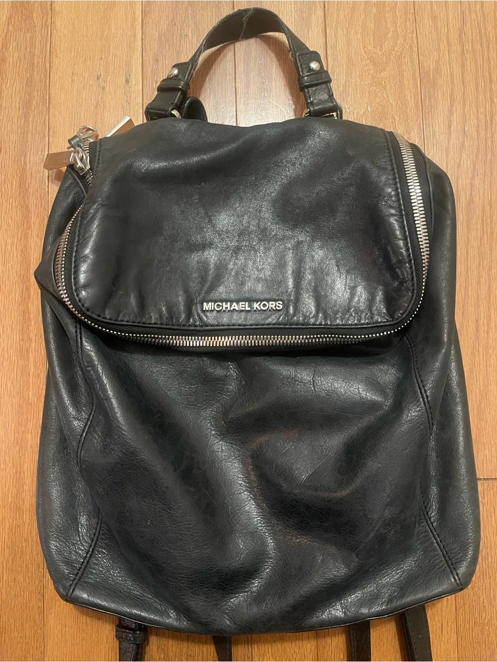 Michael Kors Black Leather Backpack with Silver Hardware